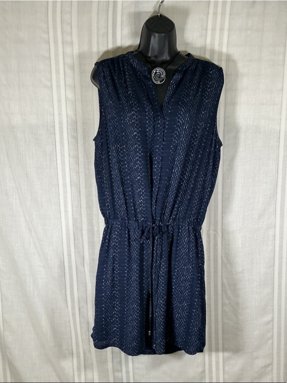 Fleur Bleue Navy Sleeveless Mini Dress Drawstring Waist Size Large Lightweight